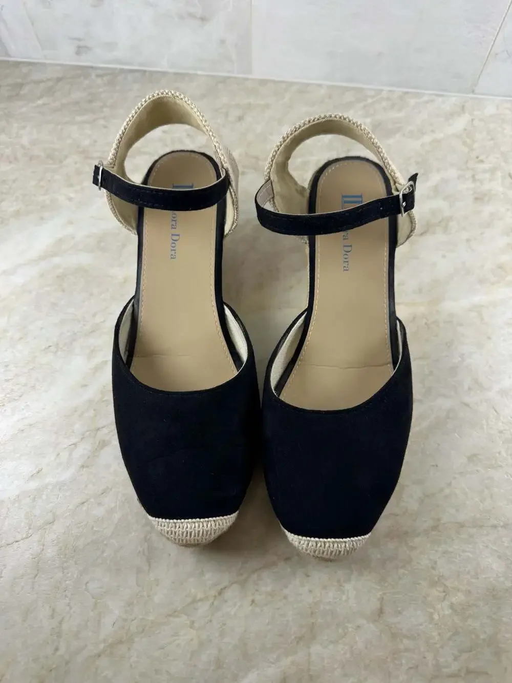 Lora Dora Black Suede Espadrille Wedge Sandals Ankle Strap EU 39 Boho